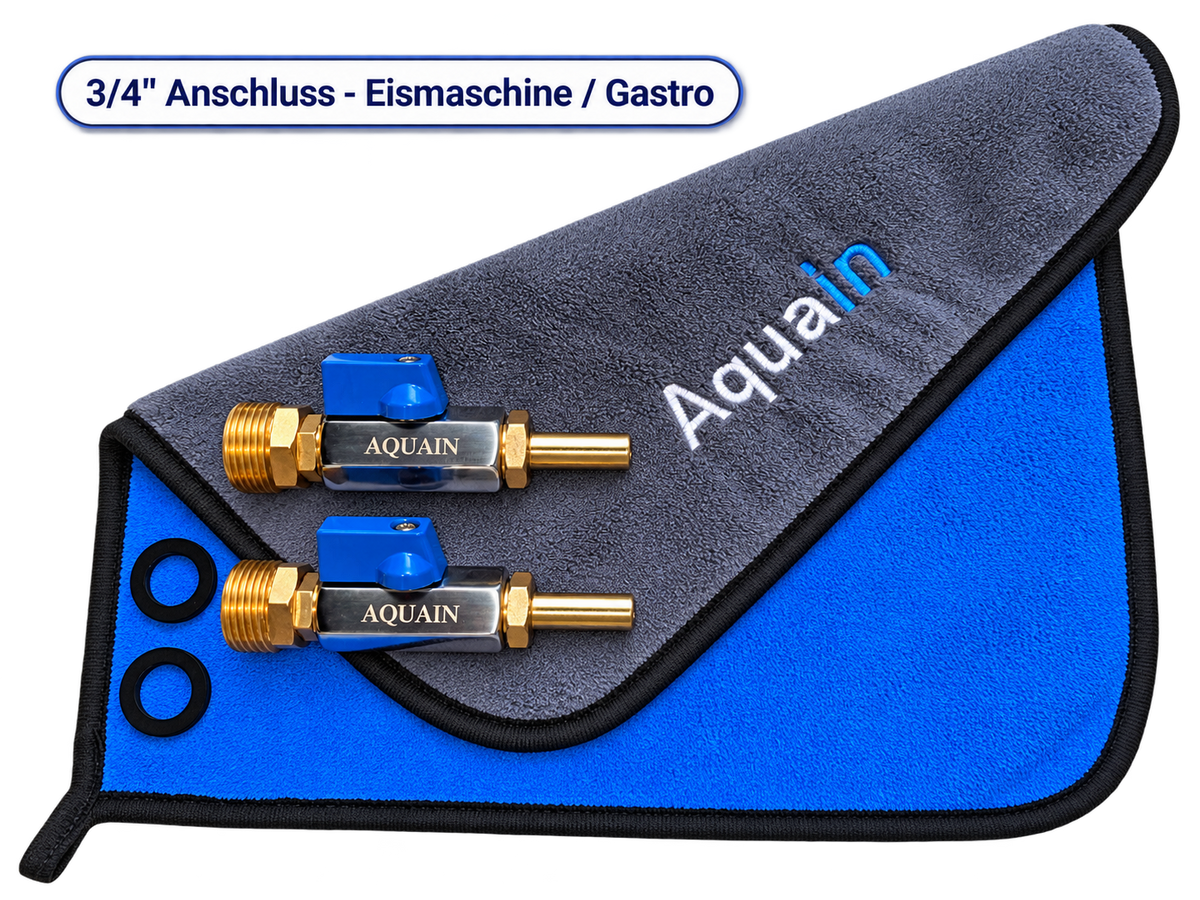 Aquain 3/4 Zoll Anschluss für Eismaschine und Gastro mit zwei Anschlüssen auf Mikrofasertuch
