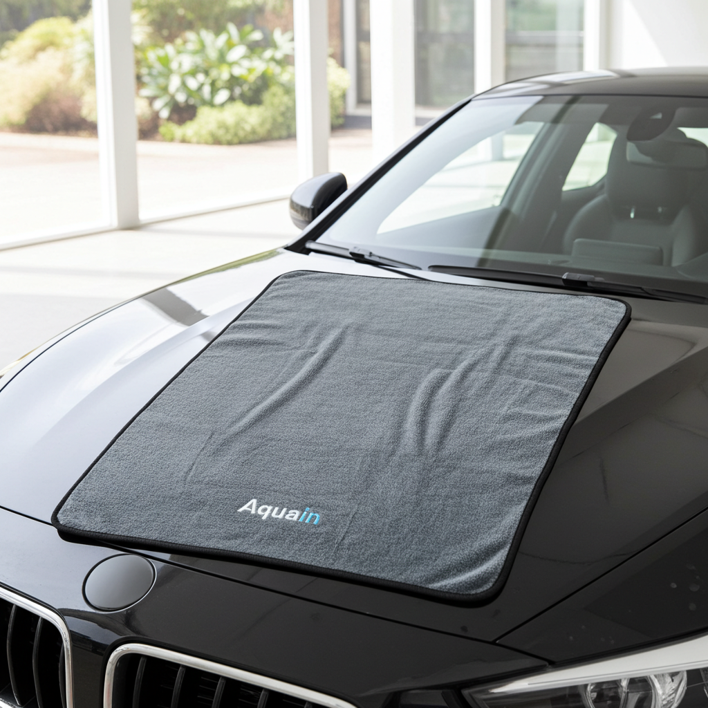 Aquain Auto-Trockentuch 60 × 90 cm mit 800 GSM auf der Motorhaube eines schwarzen Autos