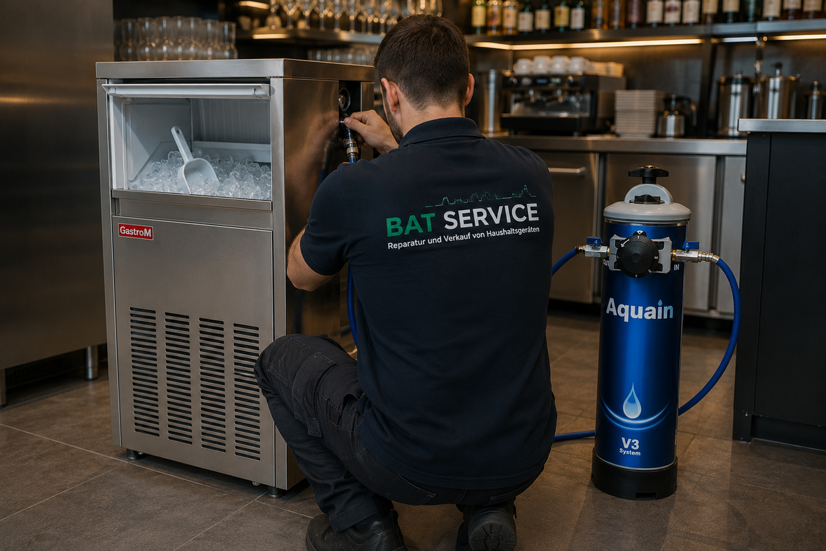 Installation eines Aquain V3 Wasserenthärters an einer Eismaschine durch BAT Service Schweiz für kalkarmes Wasser in der Gastronomie.