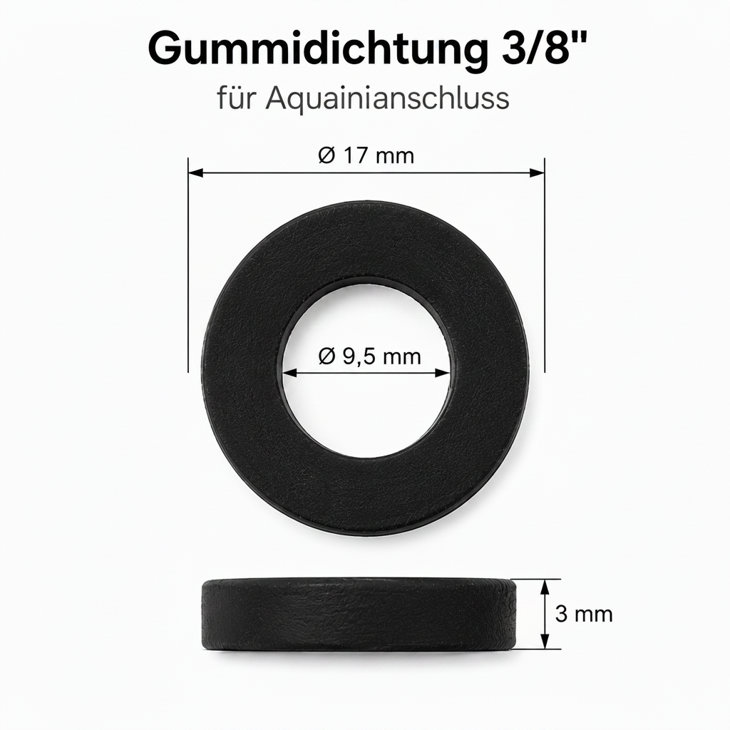 Aquain Gummidichtung 3/8 Zoll für Wasseranschlüsse mit 17 mm Aussendurchmesser, 9,5 mm Innendurchmesser und 3 mm Stärke.