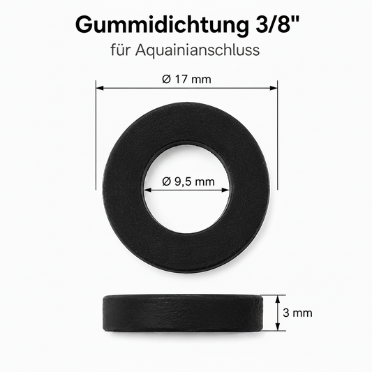 Aquain Gummidichtung 3/8 Zoll für Wasseranschlüsse mit 17 mm Aussendurchmesser, 9,5 mm Innendurchmesser und 3 mm Stärke.