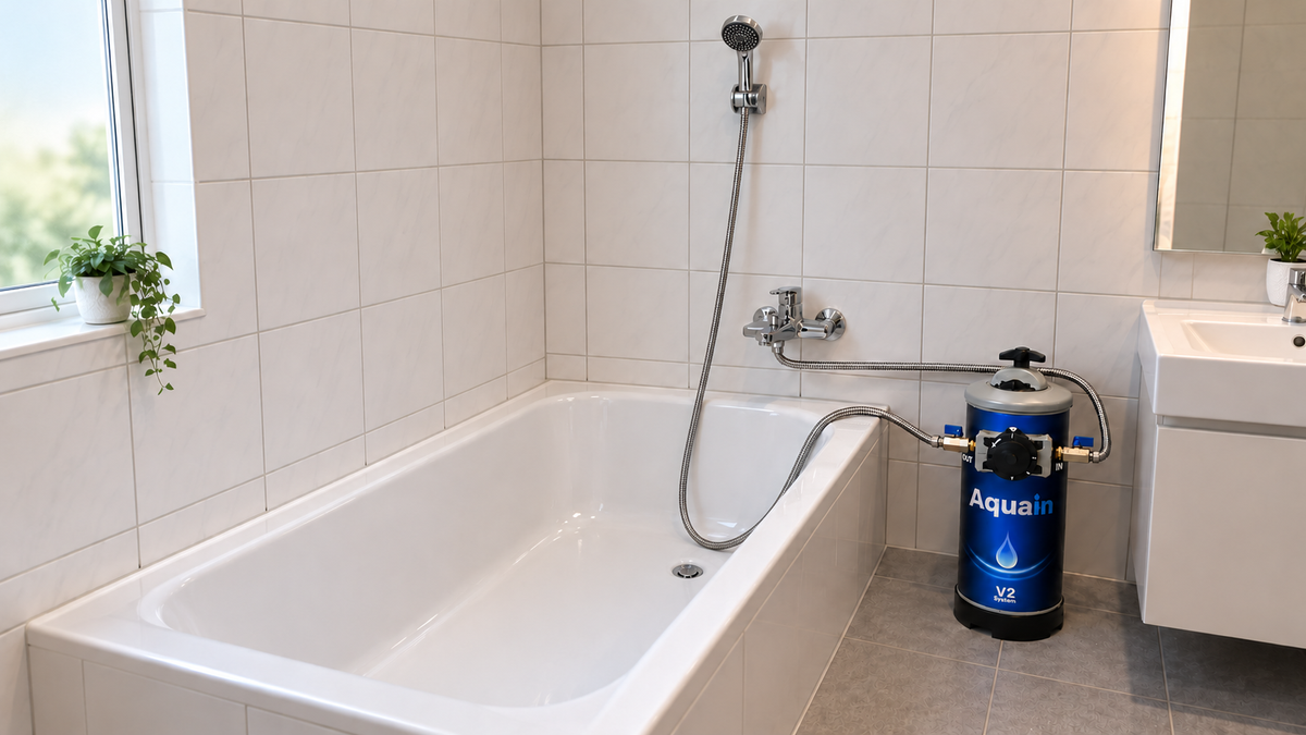 Aquain V2 neben einer Badewanne, mit Schläuchen zur Armatur und zur Duschbrause sowie einem Schlauchbogen innerhalb der Wanne – Symbolbild.