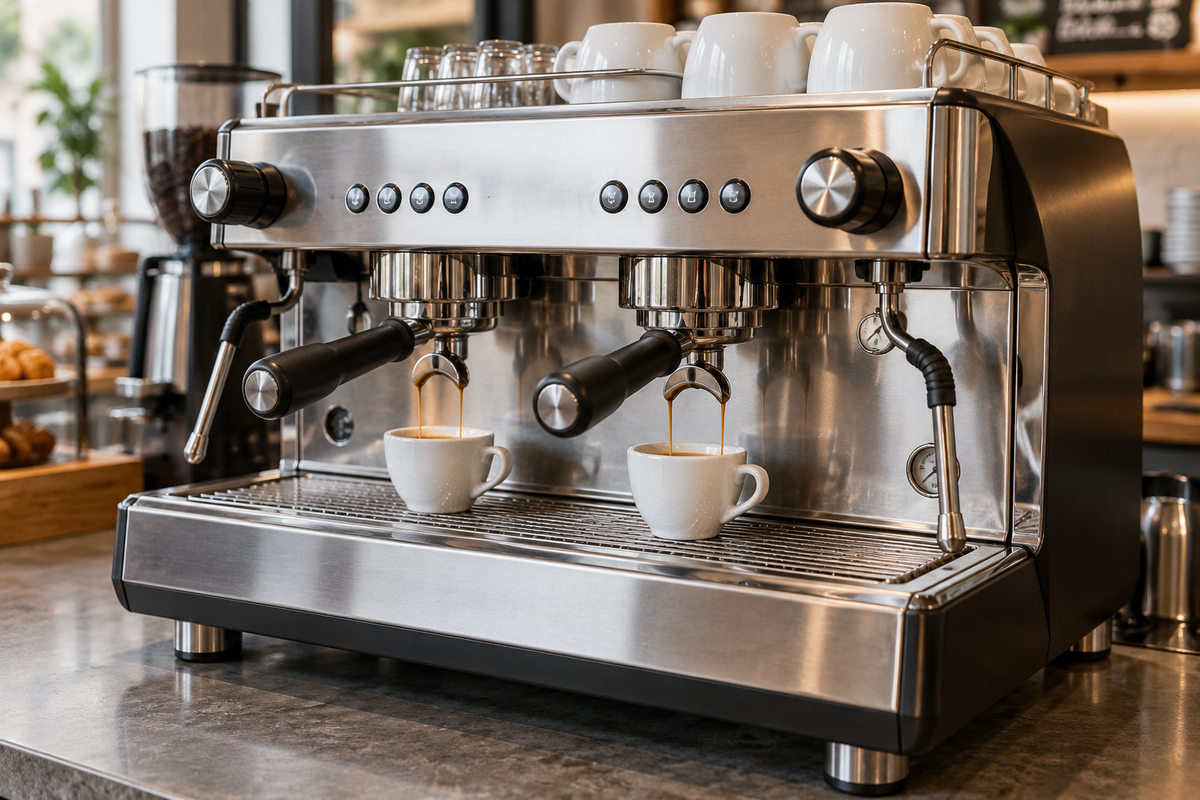 KI-generiertes Anwendungsmotiv: professionelle Espressomaschine im Café