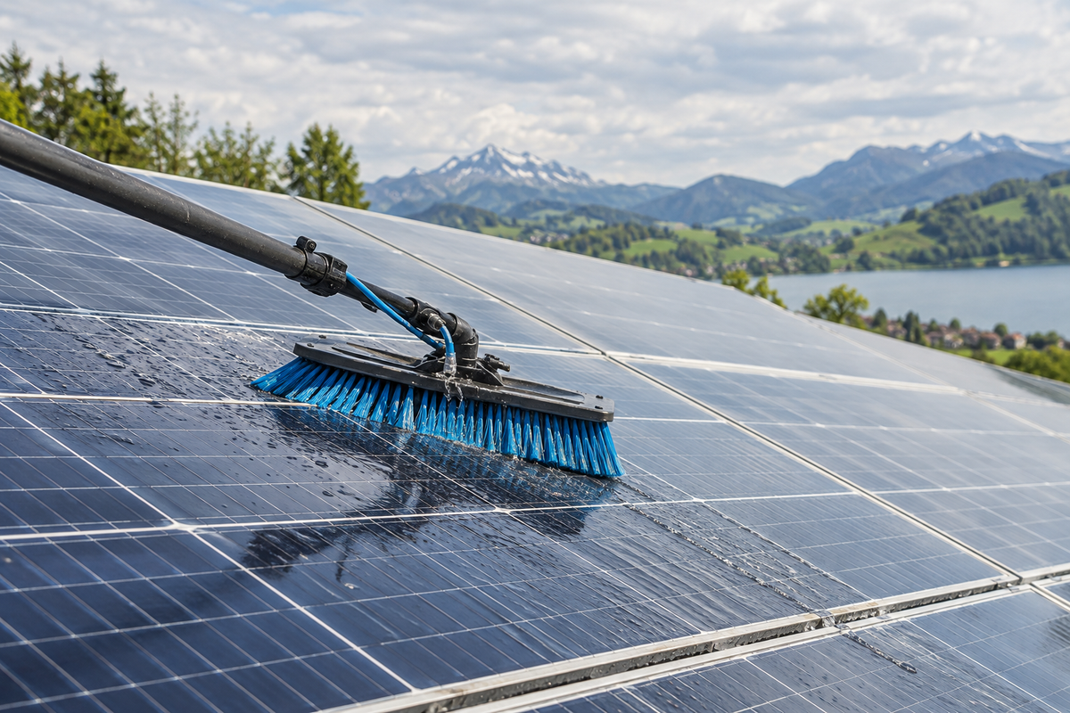 KI-generiertes Anwendungsmotiv: Solarmodule mit einer wasserführenden Bürste reinigen