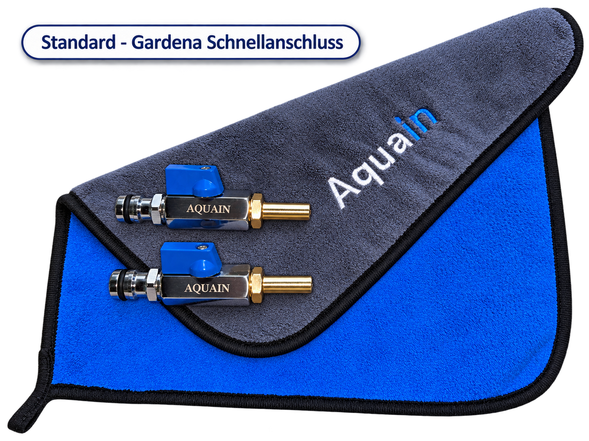 Aquain Standard Gardena Schnellanschluss mit zwei Anschlüssen auf Mikrofasertuch