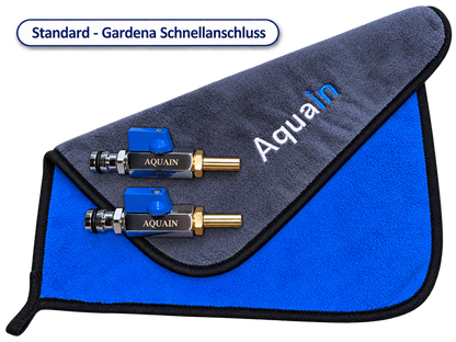 Aquain Standard Gardena Schnellanschluss mit zwei Anschlüssen auf Mikrofasertuch