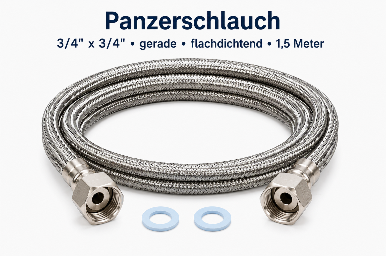 Aquain Panzerschlauch 3/4 Zoll x 3/4 Zoll gerade flachdichtend 1,5 Meter aus Edelstahl für Wasserfilter, Wasseranschlüsse und Enthärtungsanlagen