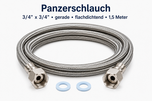 Aquain Panzerschlauch 3/4 Zoll x 3/4 Zoll gerade flachdichtend 1,5 Meter aus Edelstahl für Wasserfilter, Wasseranschlüsse und Enthärtungsanlagen