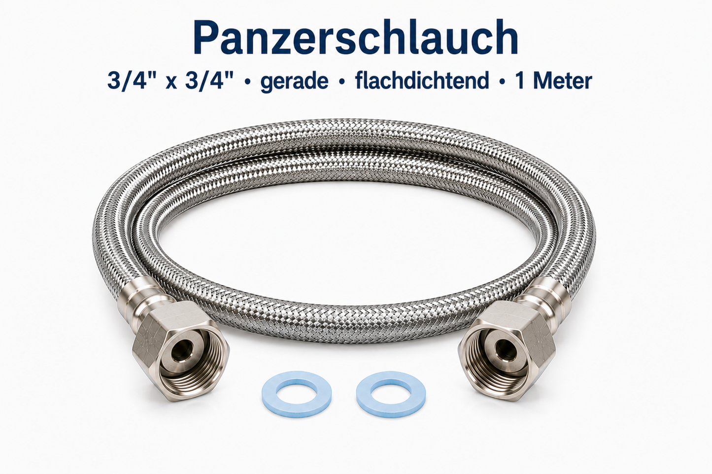 Aquain Panzerschlauch 3/4 Zoll x 3/4 Zoll gerade flachdichtend 1 Meter aus Edelstahl für Wasserfilter, Wasseranschlüsse und Enthärtungsanlagen