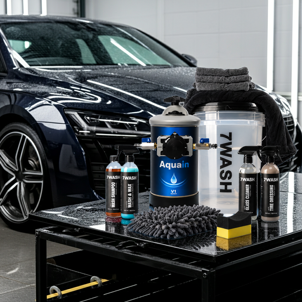 Aquain V1 mobile Wasserenthärtungsanlage mit Autopflege-Komplettset, Mikrofasertuch, Wascheimer und Fahrzeugpflegeprodukten vor einem gepflegten Fahrzeug. Ideal für kalkfreie Fahrzeugwäsche ohne Wasserflecke