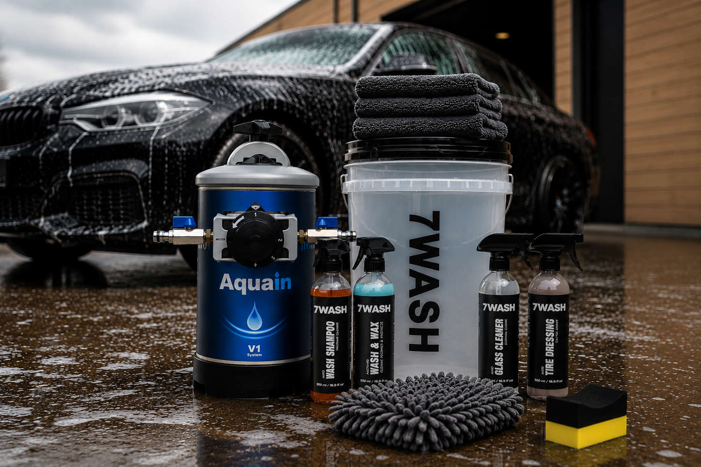Aquain V1 Premium Starter Kit für kalkfreie Autowäsche mit 7Wash Fahrzeugpflege Produkten