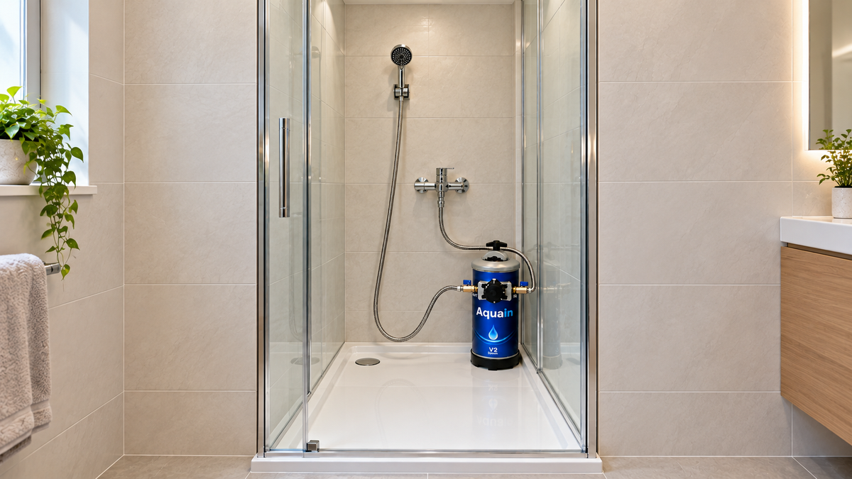 Aquain V2 in einer Glasdusche, mit Schlauch vom Wasserhahn zum IN-Anschluss und vom OUT-Anschluss zur Duschbrause – Symbolbild.