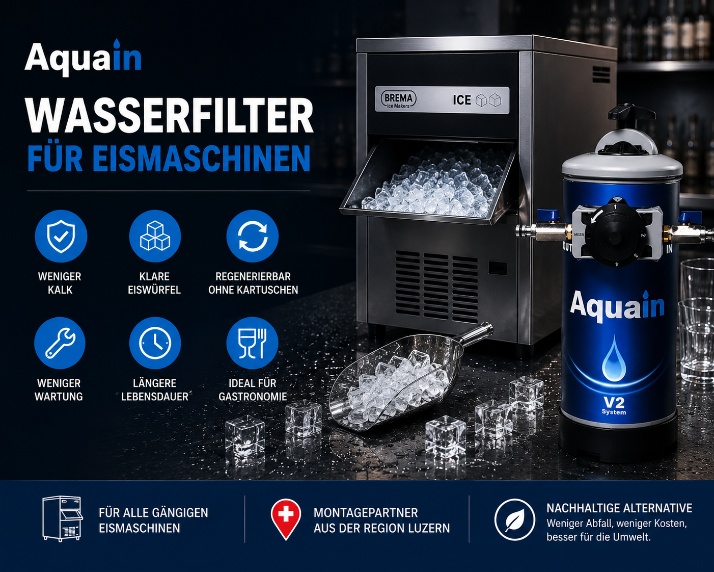 Aquain V2 Wasserfilter für Eismaschinen. Schützt vor Kalkablagerungen und sorgt für klare Eiswürfel in Gastronomie und Gewerbe.