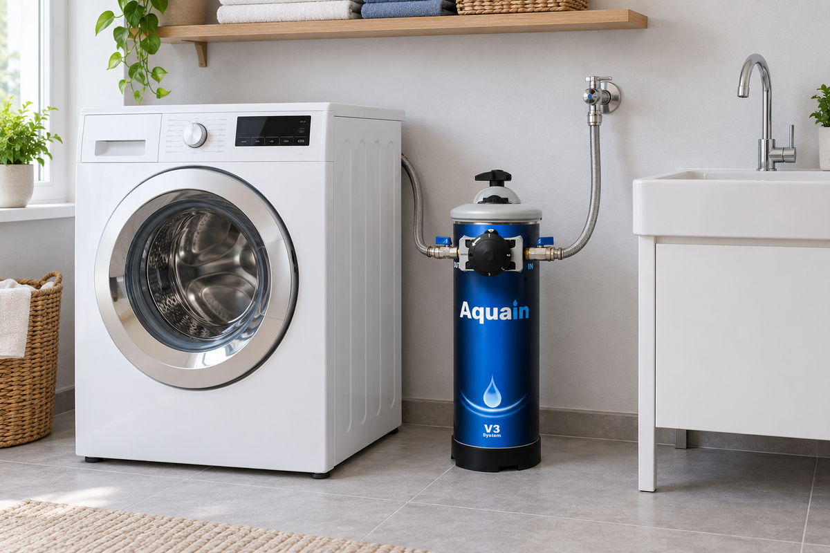 Anwendungsbeispiel: Aquain V3 neben einer Waschmaschine und einem Waschbecken, verbunden mit zwei Schläuchen.