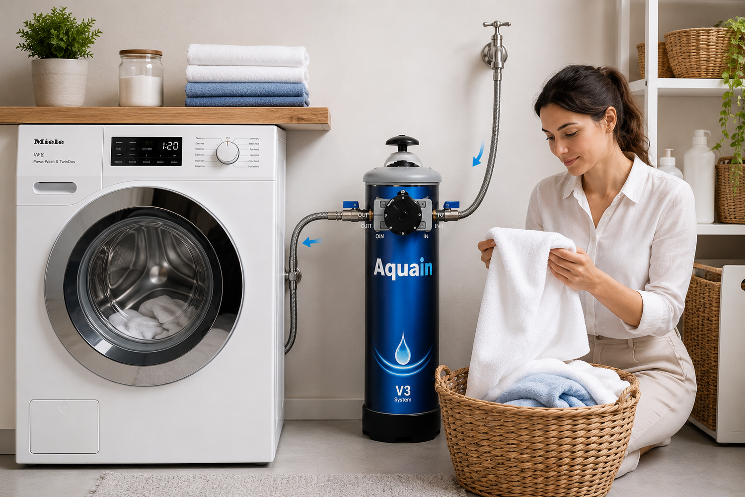 Aquain V2-V3 Wasserenthärtungsanlage an einer Waschmaschine installiert. Schützt vor Kalkablagerungen und sorgt für weiche Wäsche.
