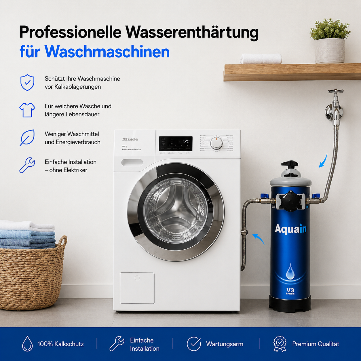 Aquain V3 Wasserenthärtungsanlage an einer Waschmaschine installiert. Schützt vor Kalkablagerungen und sorgt für weiche Wäsche.