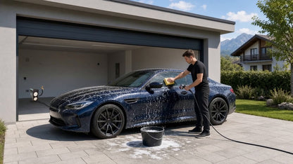 Junger Mann wäscht sein Auto vor der Garage, die kompakte Osmoseanlage steht geschützt hinten in der Garage am Wasserhahn