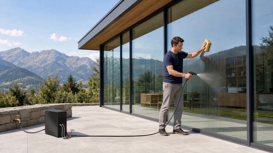 Mann reinigt eine grosse Glasfront mit Spritzpistole und Schwamm, die kompakte Osmoseanlage steht abseits neben dem Wasserhahn