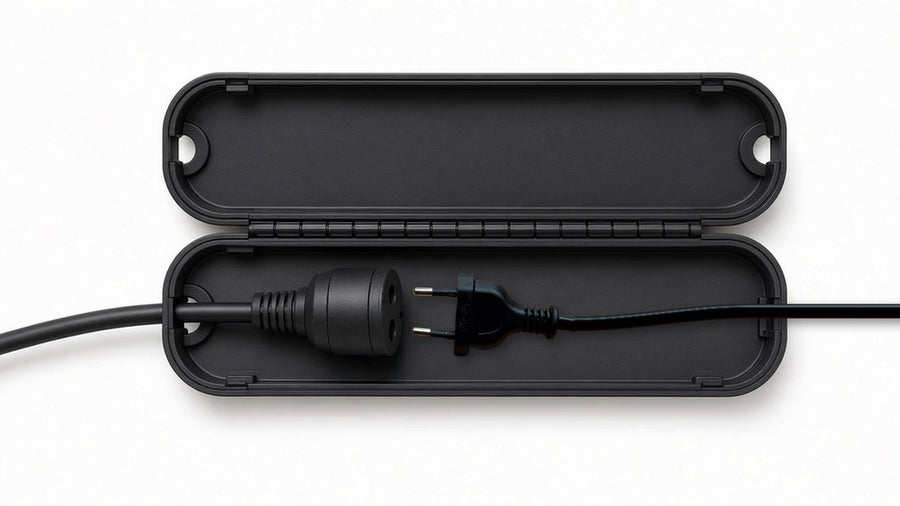 Geöffnete Kabel-Schutzbox mit dem Original-Netzstecker der Anlage und Verlängerungskabel